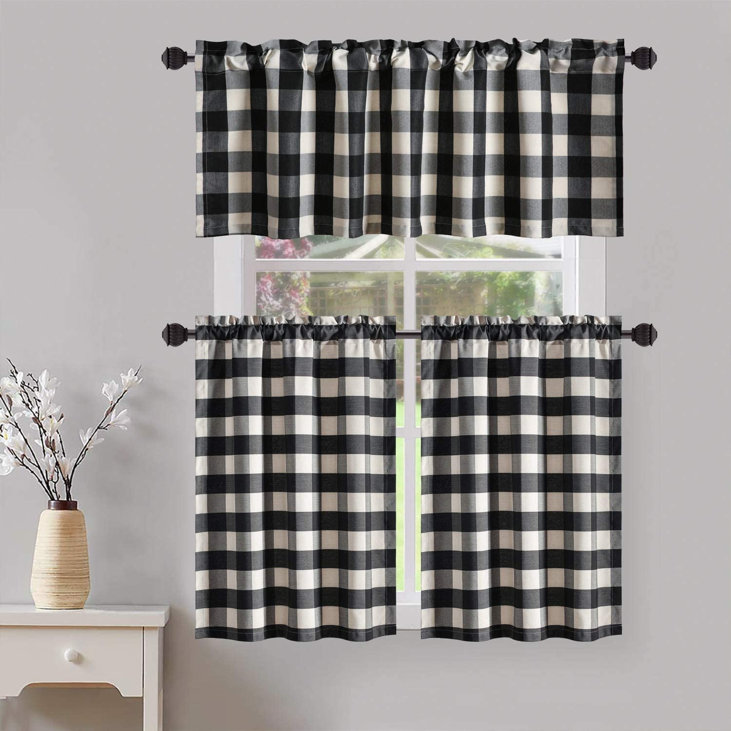 Buffalo Check Black and White Gingham Plaid Kitchen Curtain Tier and ...