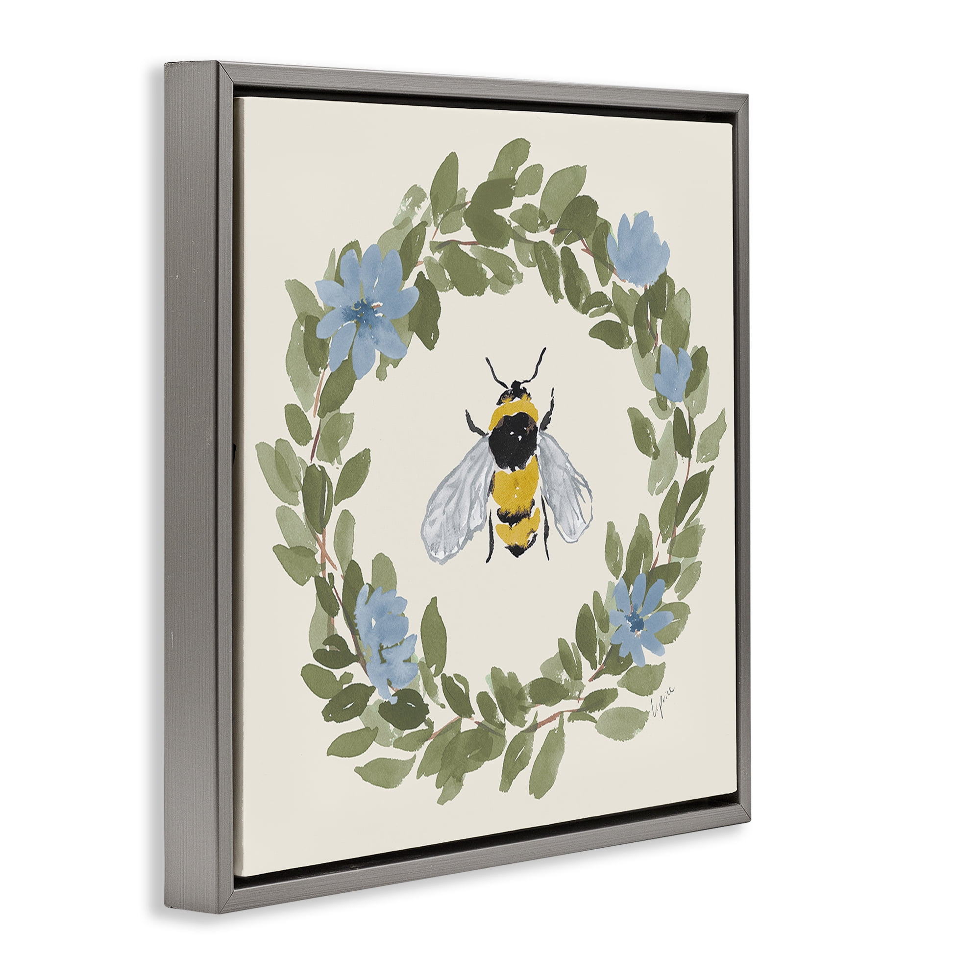 Stupell Industries Floral Wreath Bee Celebration Gray Framed Floater Canvas Wall Art, design by Lucille Price