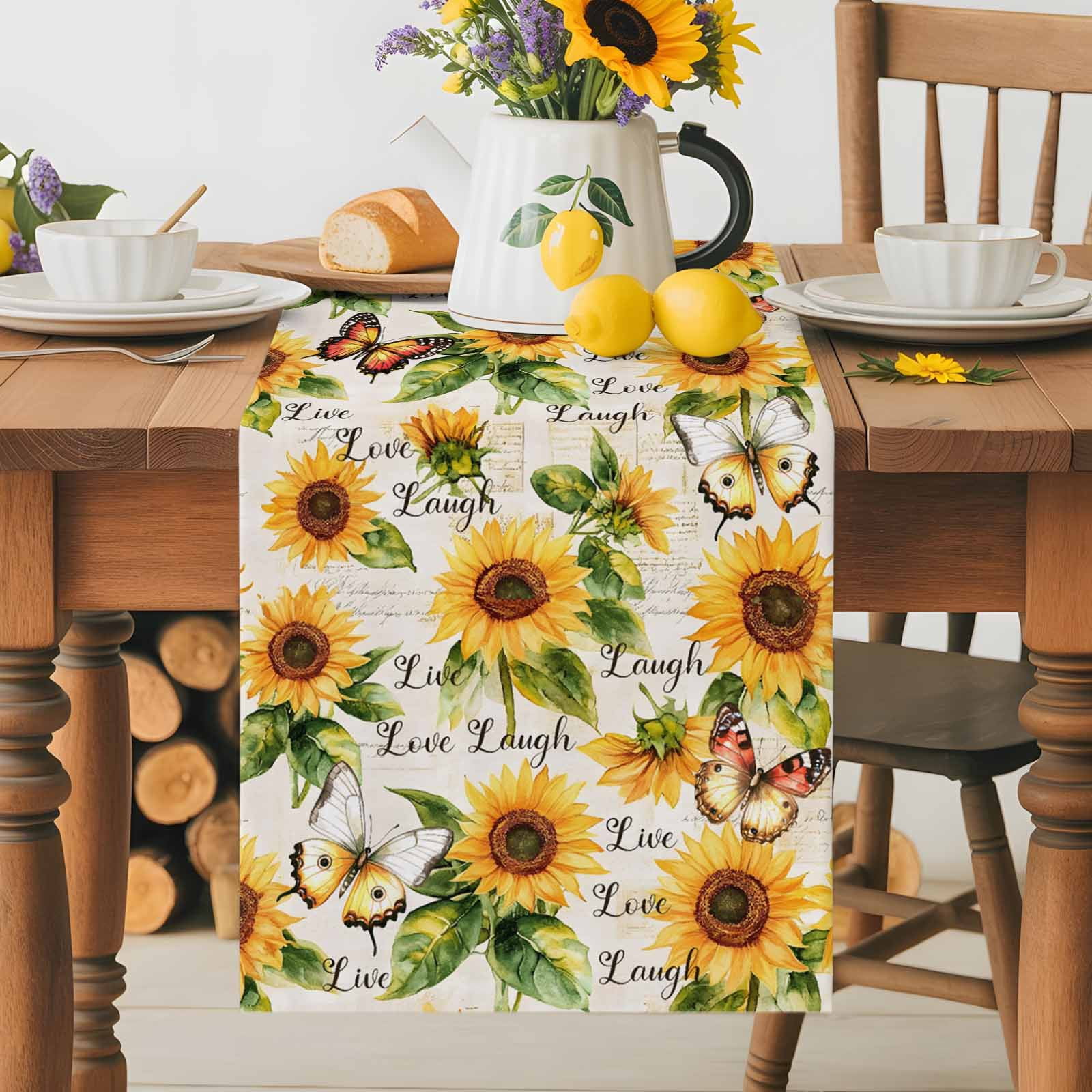 Watercolor Sunflower Butterfly Green Plants Table Runner 90 Inches Long, Blossom Floral Seamless Table Runners Tabletop Scarf Kitchen Dining Tables Decoration for Home Party Indoor Outdoor