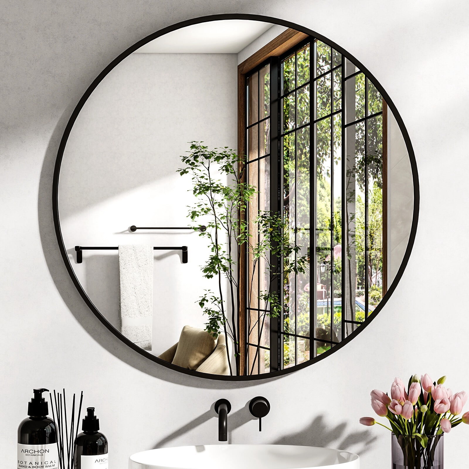 Lumora 36" Round Bathroom Mirror Wall Mirror Metal Frame Circle Mirror, Black