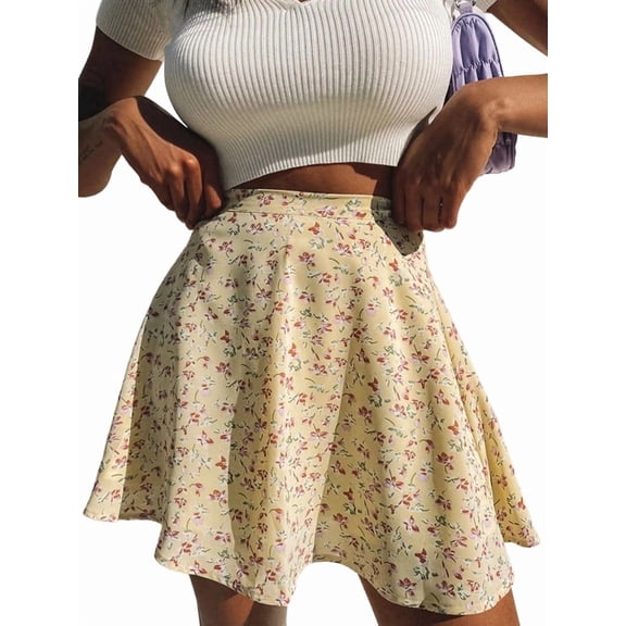 Women'S Summer Flowy Mini Skirt Basic Casual High Waisted Flared Mini Beach Skirts Yellow L