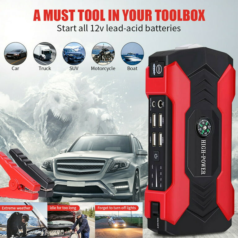 Multi-functional Car Battery Jump Starter 99800mAh Portable Charger Power  Bank for Cell Phone, 4 USB Ports, LED Flashlight, Emergency 12V Auto Jump