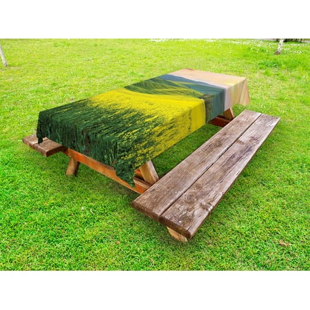 

Yellow Outdoor Tablecloth Spring Landscape Wildflower Fields Sunrise Colorful Sky and Hills Valley Picture Decorative Washable Fabric Picnic Table Cloth 58 X 84 Inches Yellow Green by Ambesonne