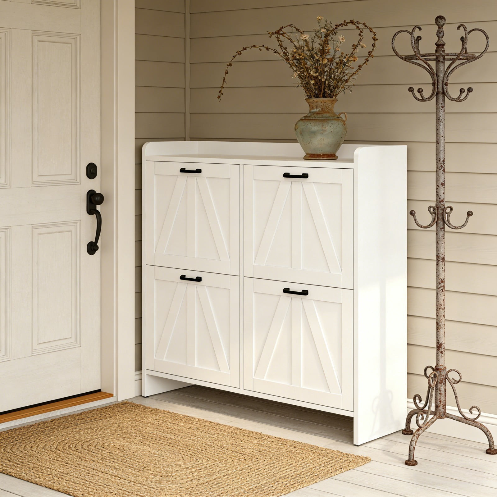 White Shoe Cabinet with 4 Flip Drawers, Modern Slim Entryway Shoe Storage Organizer with Barn Door Design for Hallway Living Room