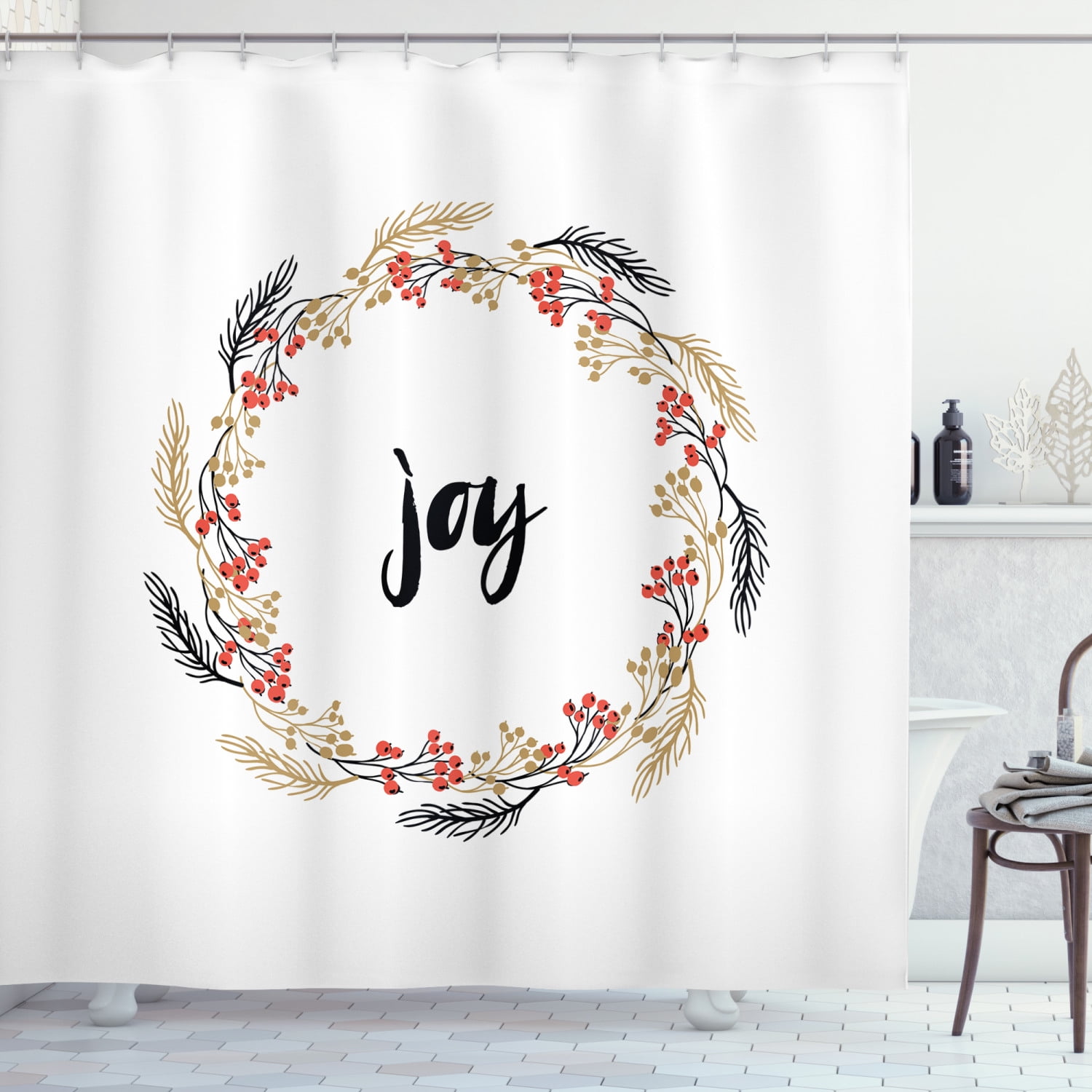 Joy Shower Curtain, Hand Drawn Phrases in Wreaths Vintage Floral