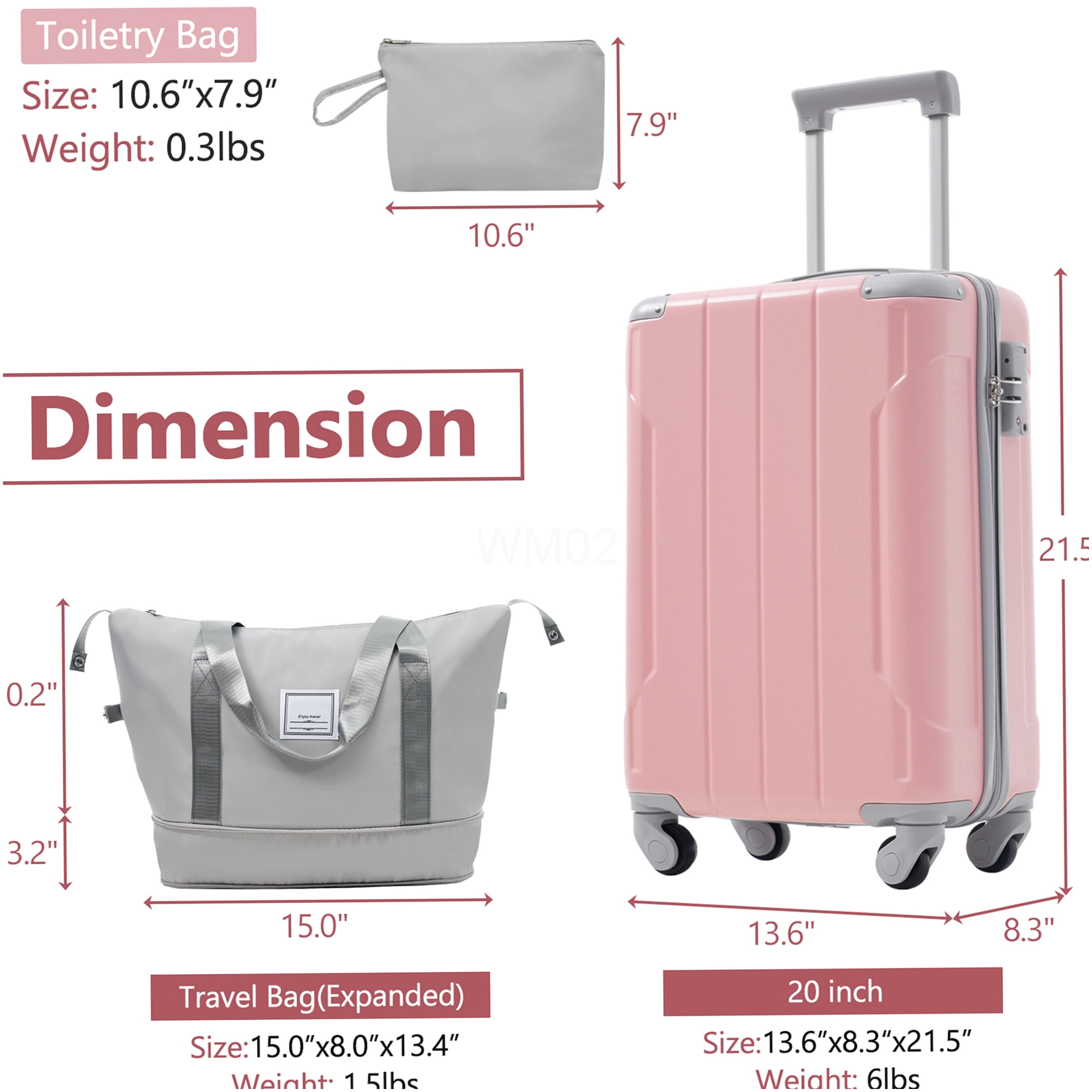 Pink ABS 3-Piece Carry On Luggage Set with Spinner Wheels, TSA Lock for Air Travel