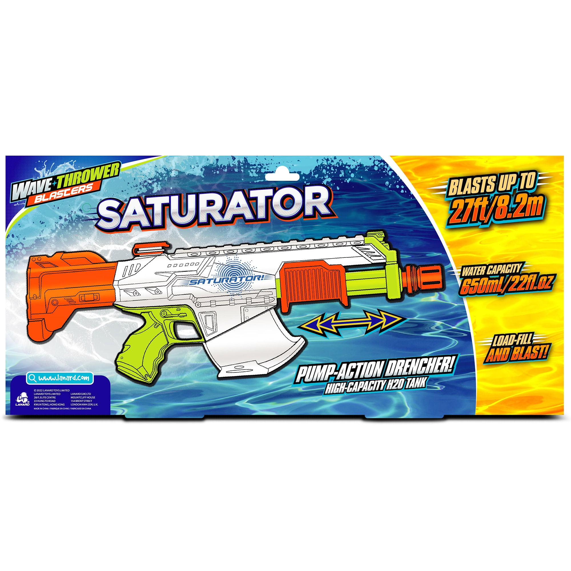 Lanard: Water Blaster - Saturator - Green-White-Orange, 20" Pump Action Drencher Toy, Splash & Spray Water Up To 27ft, 22oz Tank, Outdoor Play Kids 4+