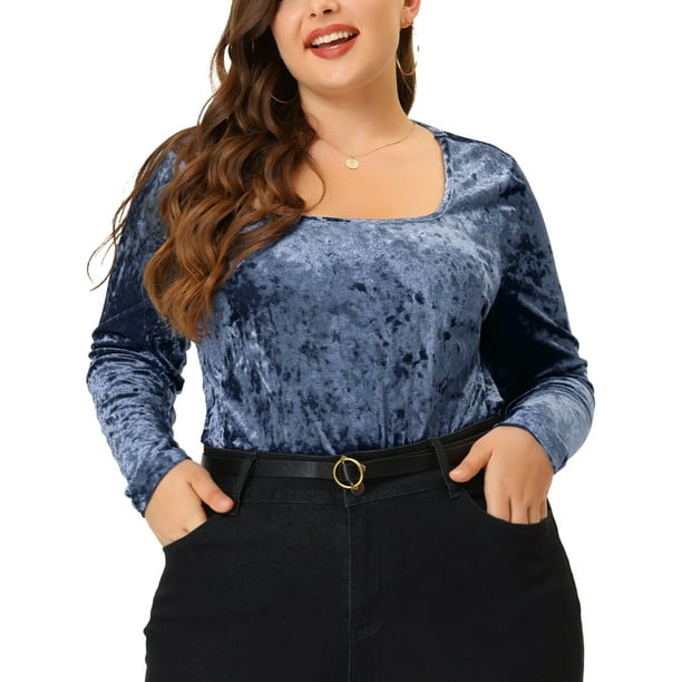 Agnes Orinda Women's Plus Size Blouse Vintage Velvet T-Shirt Casual Long  Sleeve Tops Grey Blue 4X 