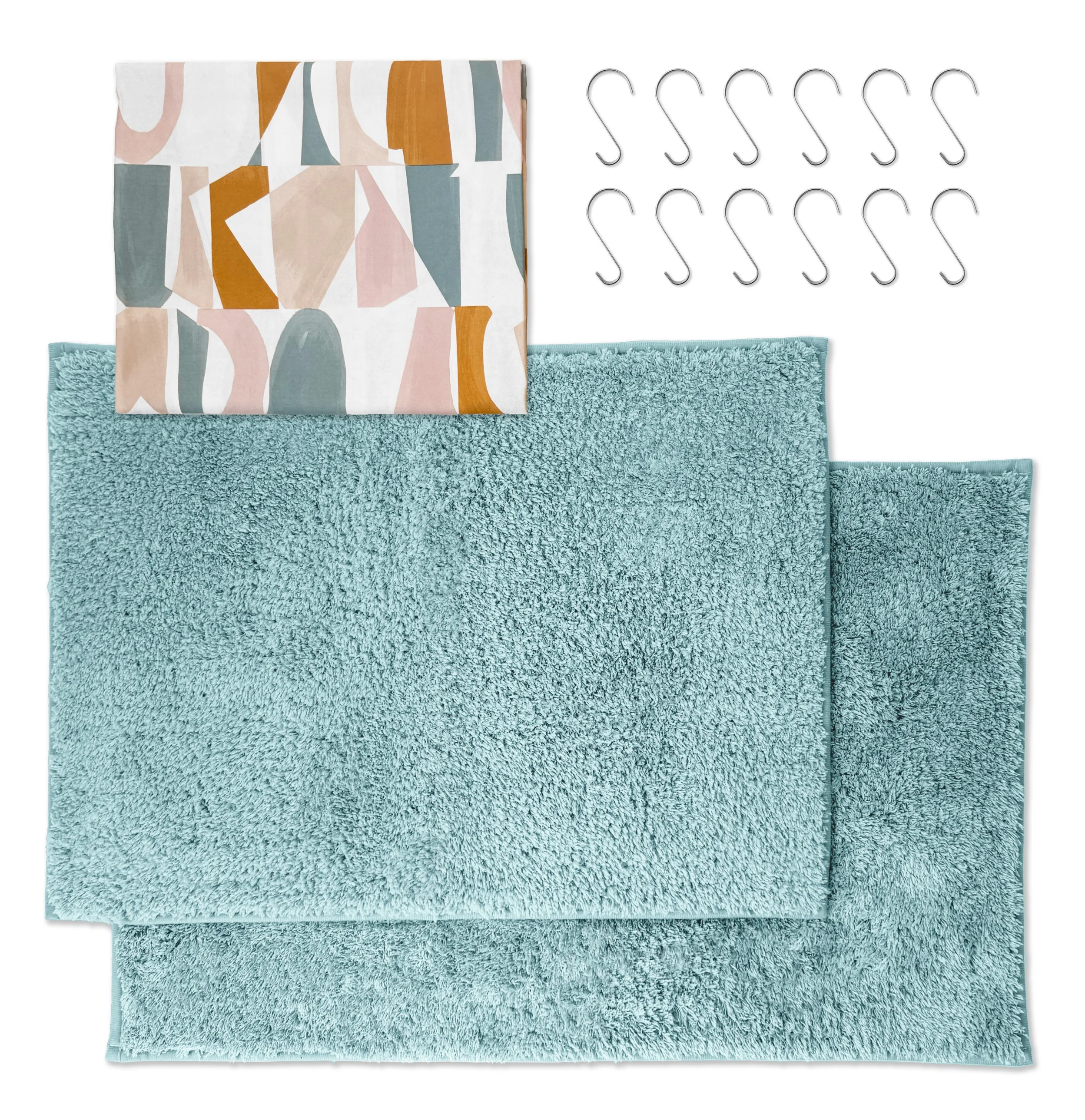 Mainstays 15-Piece Blue & Yellow Geometric Bathroom Set – Shower Curtain, Bath Rugs & Hooks, Modern Washable Design