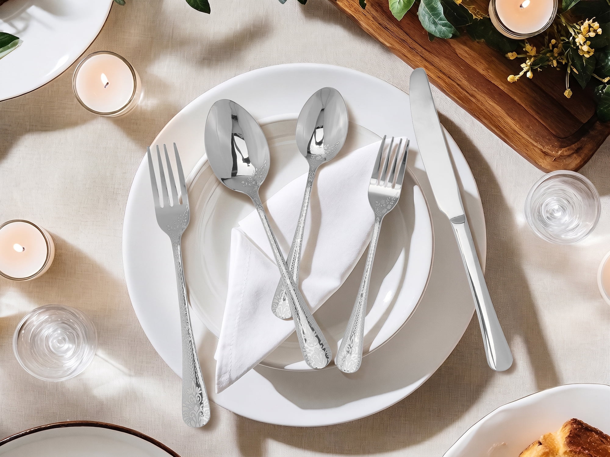 Unique Bargains 20 Piece Floral Stainless Steel Flatware Set for 4 Modern Cutlery Silver