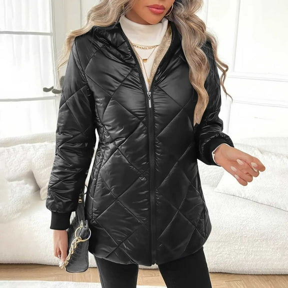 Eltusu Women Puffer Jackets, Cotton Hooded Windproof Warm Winter Coats Black Size L