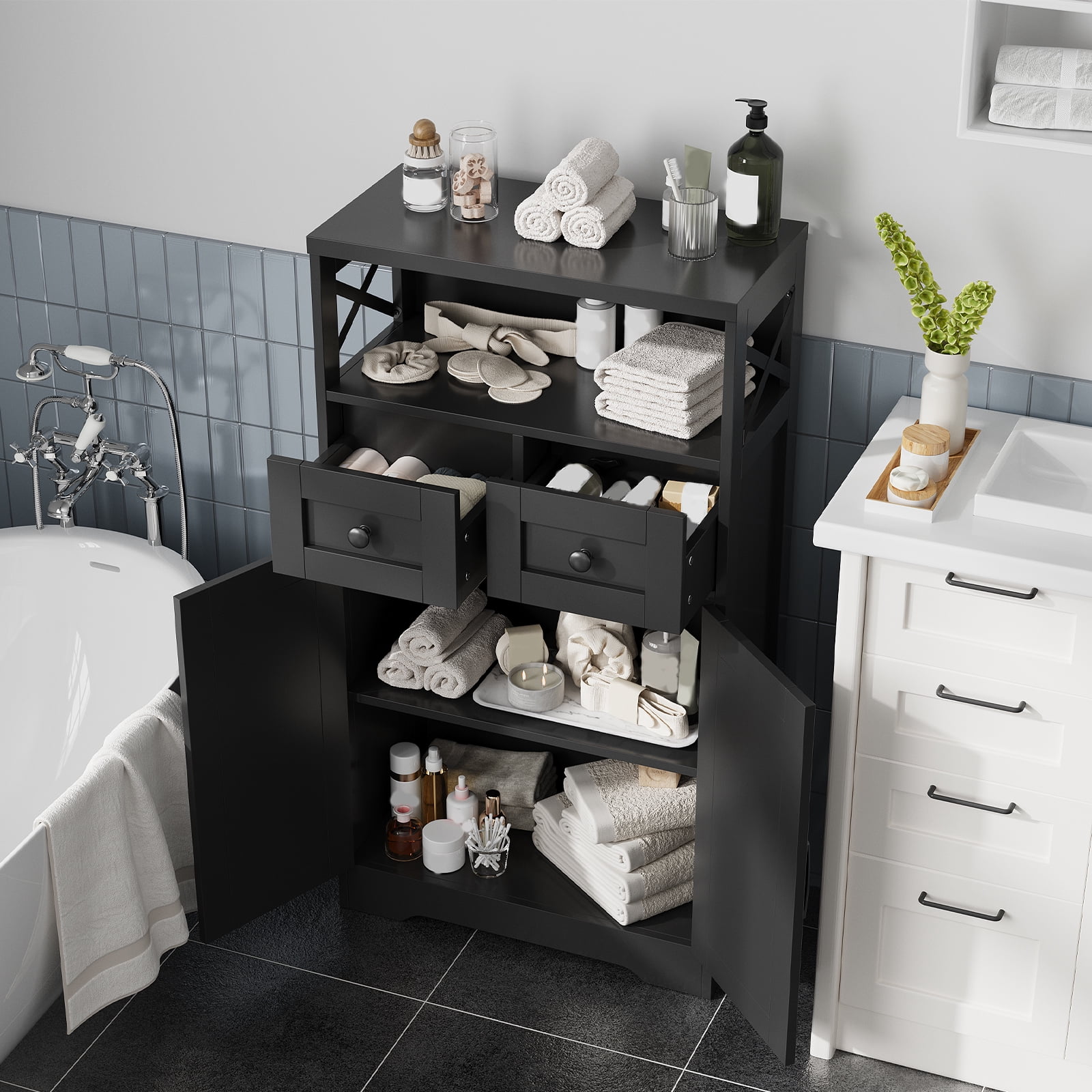VEANERWOOD Bathroom Floor Cabinet Wooden Storage Organizer with 2 Barn Door, 2 Drawers & Adjustable Shelf, 42.7"H Floor Bathroom Storage Cabinet