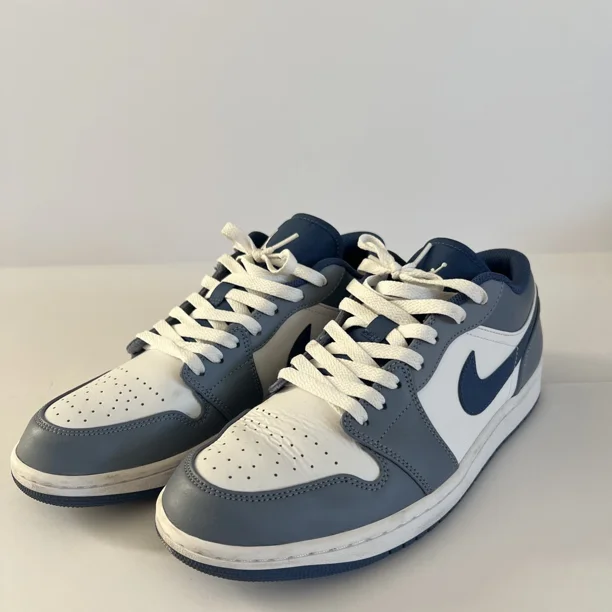 N I-K-E Mens A i r-Jor-dan 1 Low Ashen Slate Blue White Leather Sneakers Size 10.5