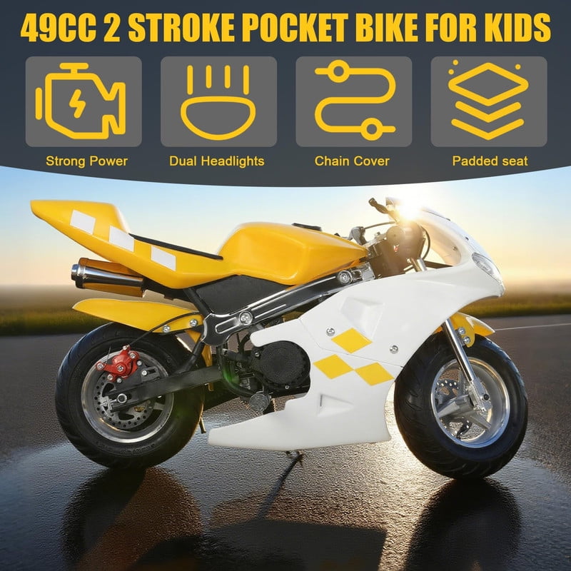 Floseru 49cc 2-Stroke Pocket Bike, Mini Motorcycle for Kids, Pocket Gas Motorbike with 1.25L Gas Tank, Pocket Rocket Motorcycle with Dual Headlights, 170 LBs Mini Pocket Bikes for Kids
