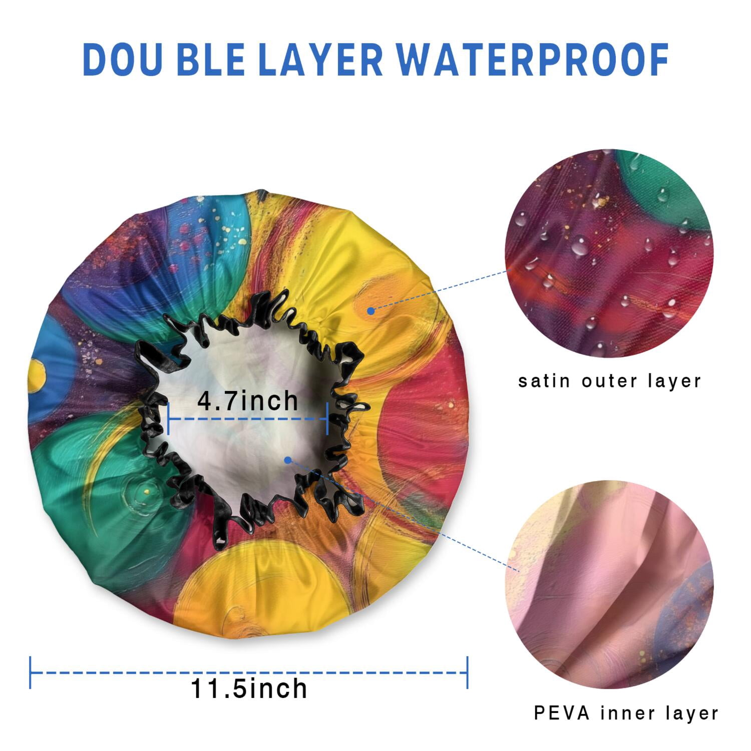 Shower Caps,Colorful Circular Pattern Waterproof Shower Cap for Women 4 Pieces,Double Reusable Hair Cover for Shower PEVA Elastic Stretch Hem