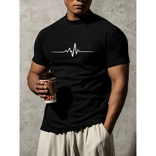 Camiseta de cuello alto con estampado de ECG de corte entallado para hombre de MBDMBD: informal, de mezcla de poliéster elástica, lavable a máquina, perfecta para el verano.