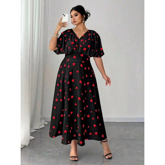 Womens Black Heart Print V-Neck Short Sleeve Casual Midi Dress