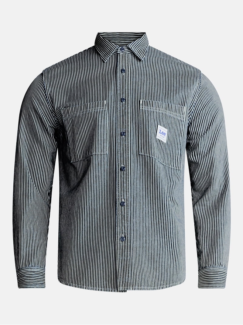 Kacey Lee Men's Workwear Striped Denim Shirt with Long Sleeves