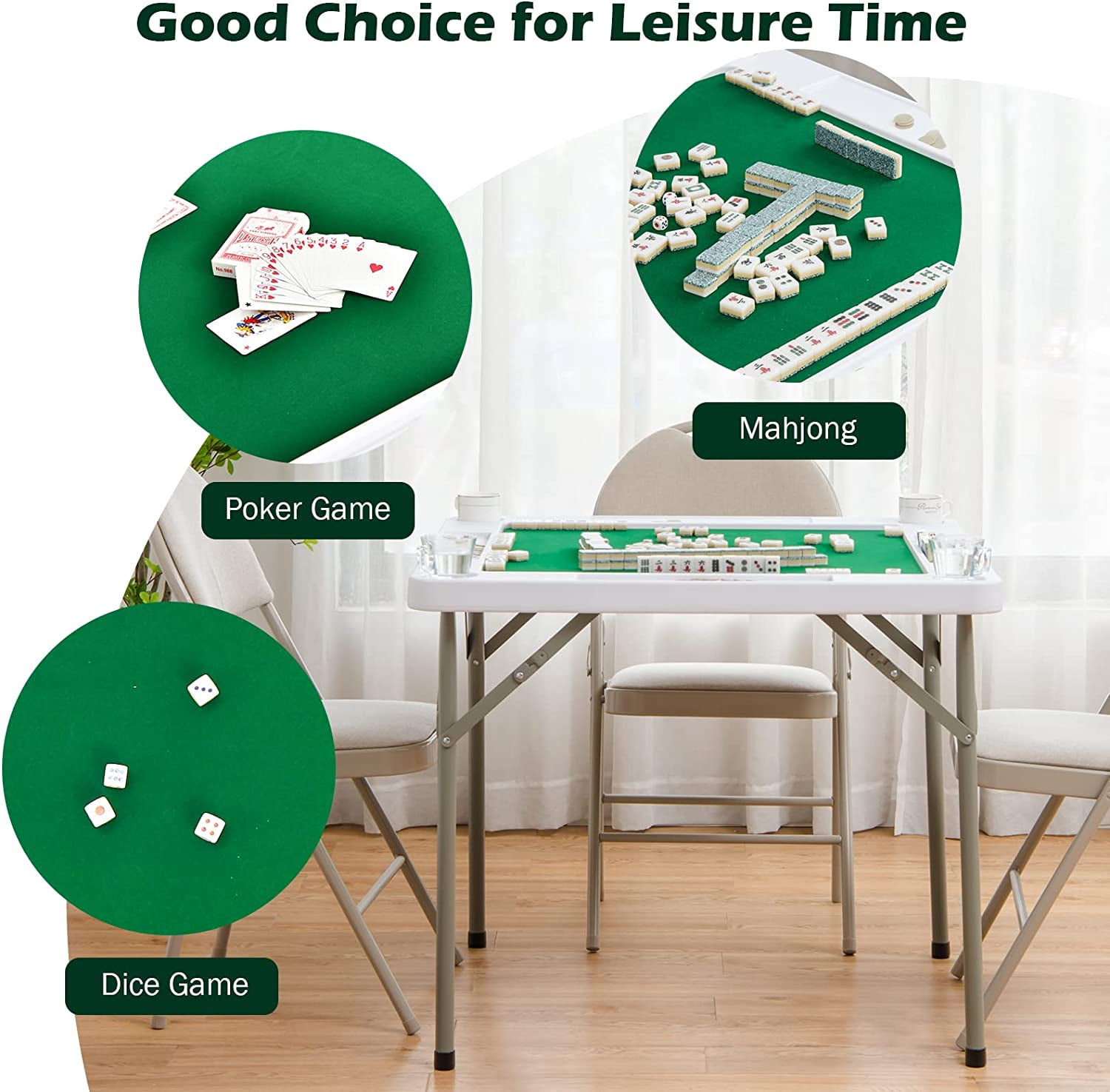 Gotoplay Mahjong Table, Folding Mahjong Table w/Green PVC Tabletop, 4 Cup Holders & 4 Chip Trays, 35 Square 4-Player Folding Card Game Table for Mahjong Poker Domino Game
