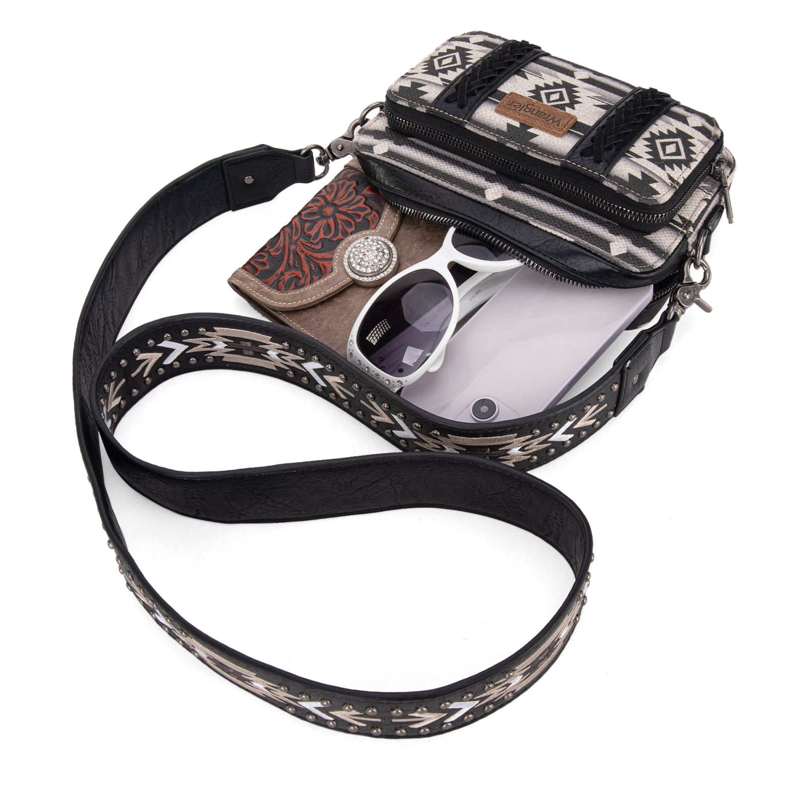 Wrangler Crossbody Bag for Women Boho Aztec Small Multi Pocket Crossover Purse, Black