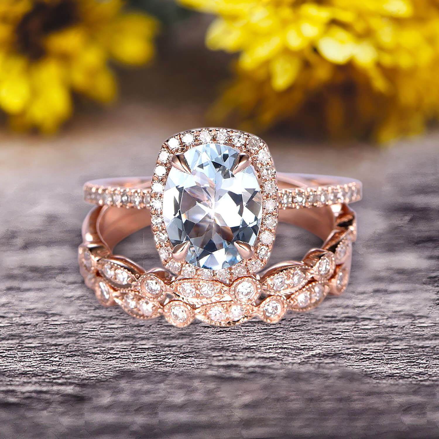 2pcs Aquamarine engagement ring with diamond set,Solid 14k White gold  bridal ring,8mm Oval gem Twisted Wedding band custom made fine jewelry
