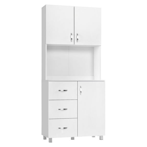 SAZYY Freestanding Kitchen Hutch with 2 Door Cabinets, 3 Drawers, Open Countertop & Adjustable Shelf, White Organizer