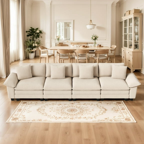 MF Studio 157.5" Sectional Sofa with Extra Deep Seat for Living Room, 4 Seat Corduroy Cloud Couch with 4 Pillows, White