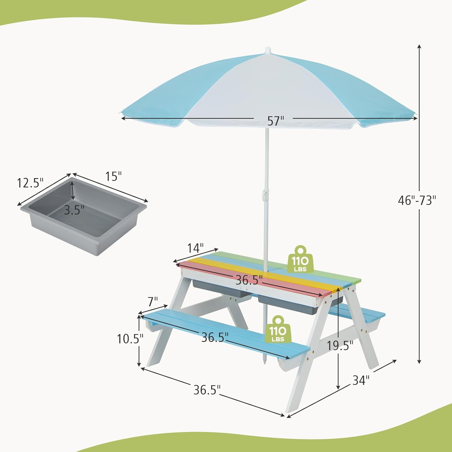 DORTALA Kids Picnic Table, 3-in-1 Water & Sand Activity Table with Height Adjustable Umbrella & Removable Tabletop, Outdoor Wooden Bench & Table Set for Toddler, for Garden, Yard & Patio, Blue