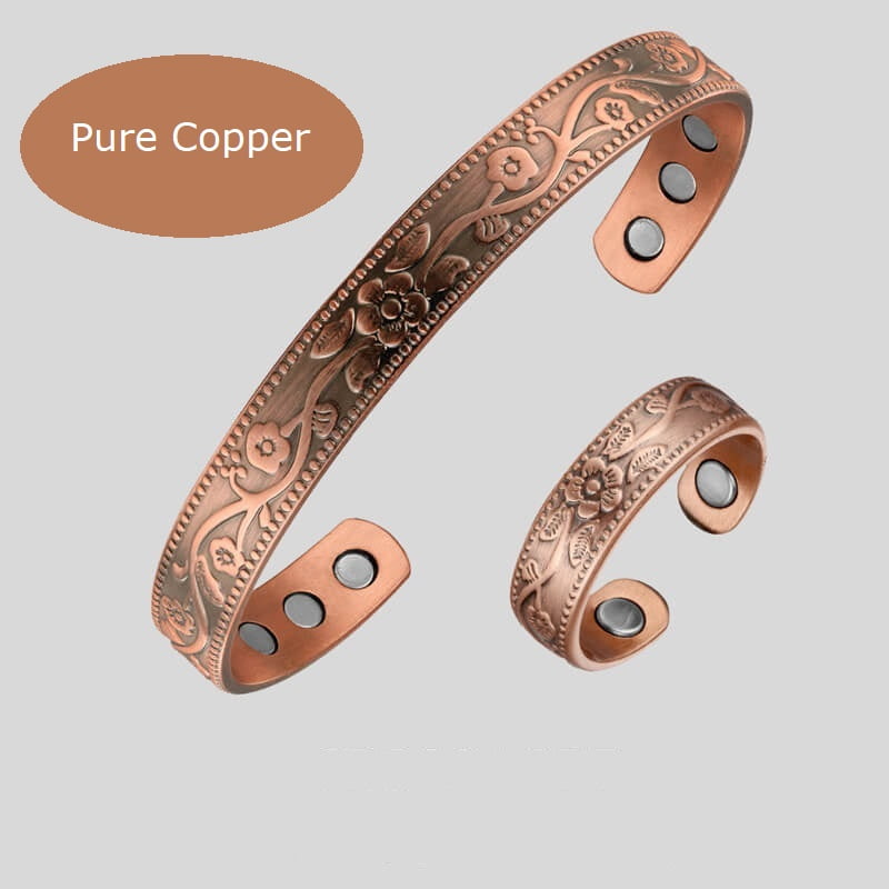 Flowers Magnetic Copper Bangle And Matching Magnetic Copper Ring Set of 2 Pieces For Men And Women