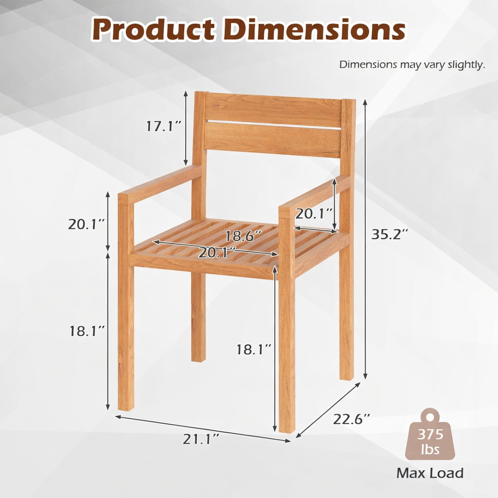Hommoo Premium Teak Wood Outdoor Dining Armchair for Patio, Backyard, Poolside, with Ergonomic Armrests & Inclined Backrest, Natural