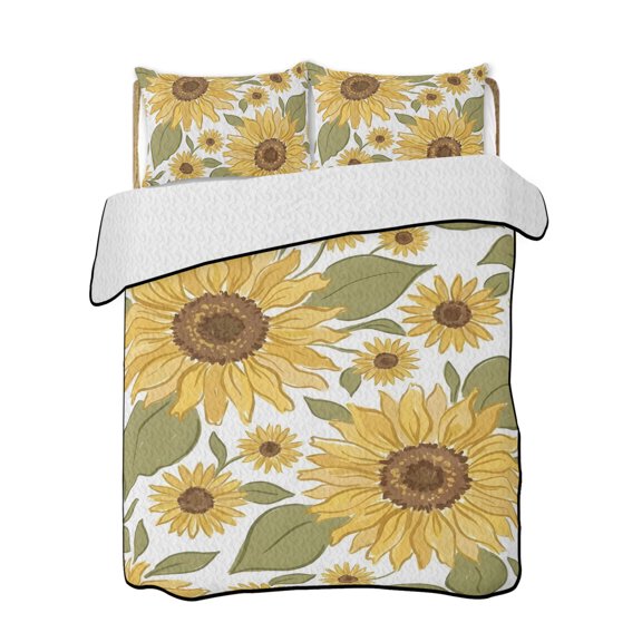 Twin XL Quilt Bedding Set, Country Sunflowers Reversible Summer Quilt 3 Pieces, Vintage Leaves Floral Rustic Botanical Lightweight Bedspreads Coverlets with 2 Pillow Shams for All Seasons