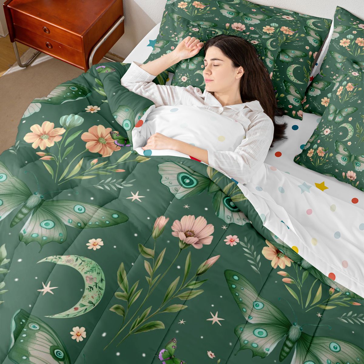 Homewish Green Butterflies 7-Piece Twin Bedding Sets for Boys Girls,Chic Flowers Bedding Comforter Set,Spring Graden Breathable Sheet Sets,Microfiber Bedroom Decor,Reversible