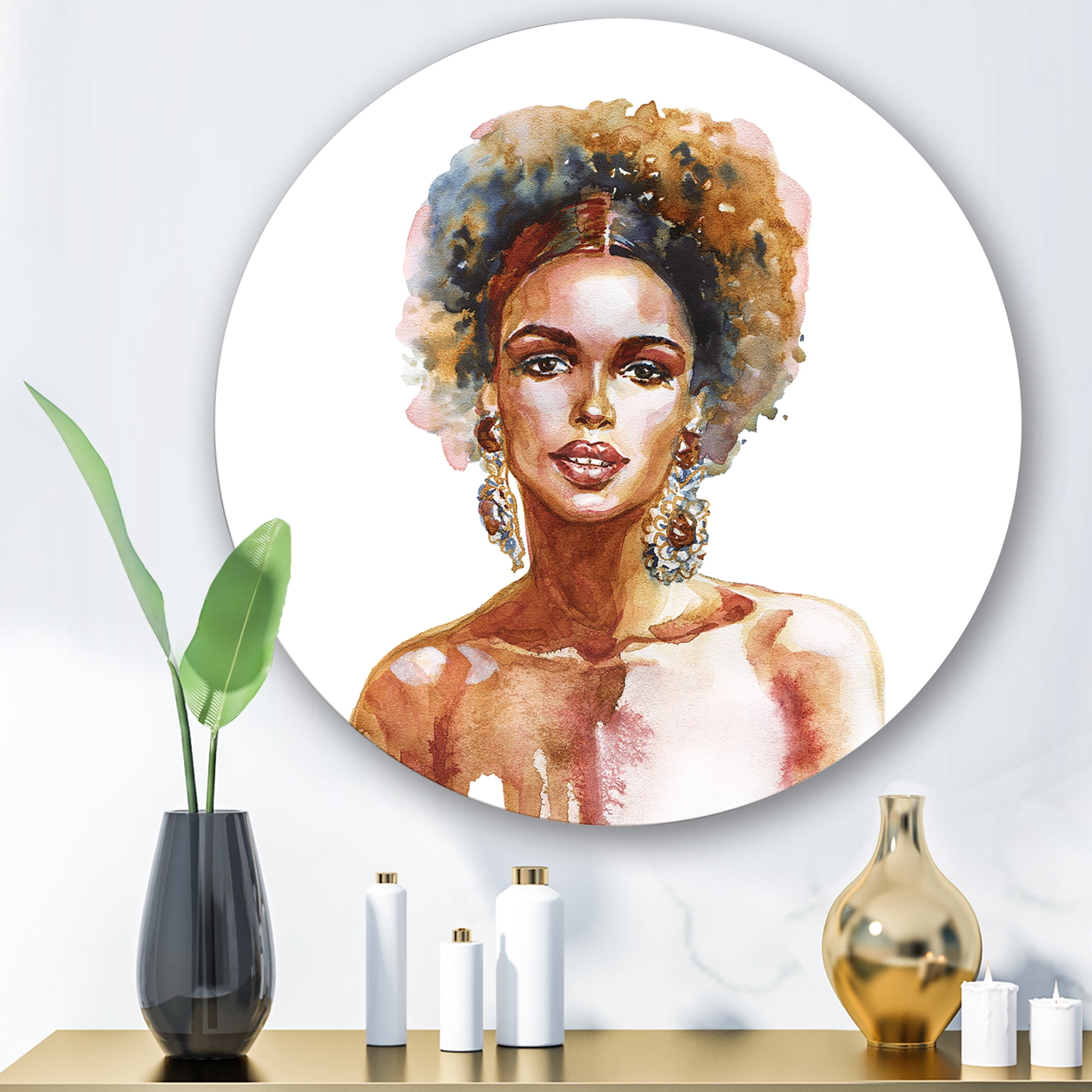 Designart 'Portrait of Afro American Woman V' Modern Circle Metal Wall Art 11x11 - Disc of 11