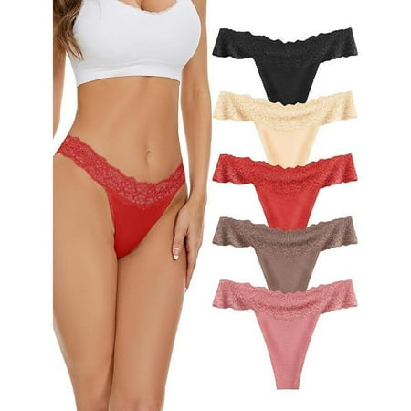 Seamless Lace Thongs for Women No Show Thong Underwear Lady Breathable Comfort Panty Soft Laser Cut Undie Tanga 5-Pack