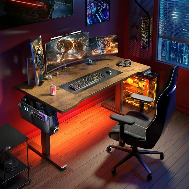 CHENZM Gaming Desk with LED Lights,Computer Desk Adjustable Electric Standing Height Office Desk with 3 Memory Preset,Storage Side Pocket and Cable Management,Rustic Brown,48 x 24 Inch
