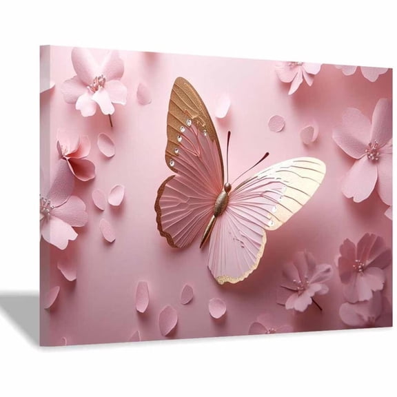 Mudket Pink and Gold Paper Art Butterfly with Flowers Canvas Wall Art, Floral Wall Decor, Framed Ready to Hang Artwork for Living Room Bedroom - 12"L x 8"W