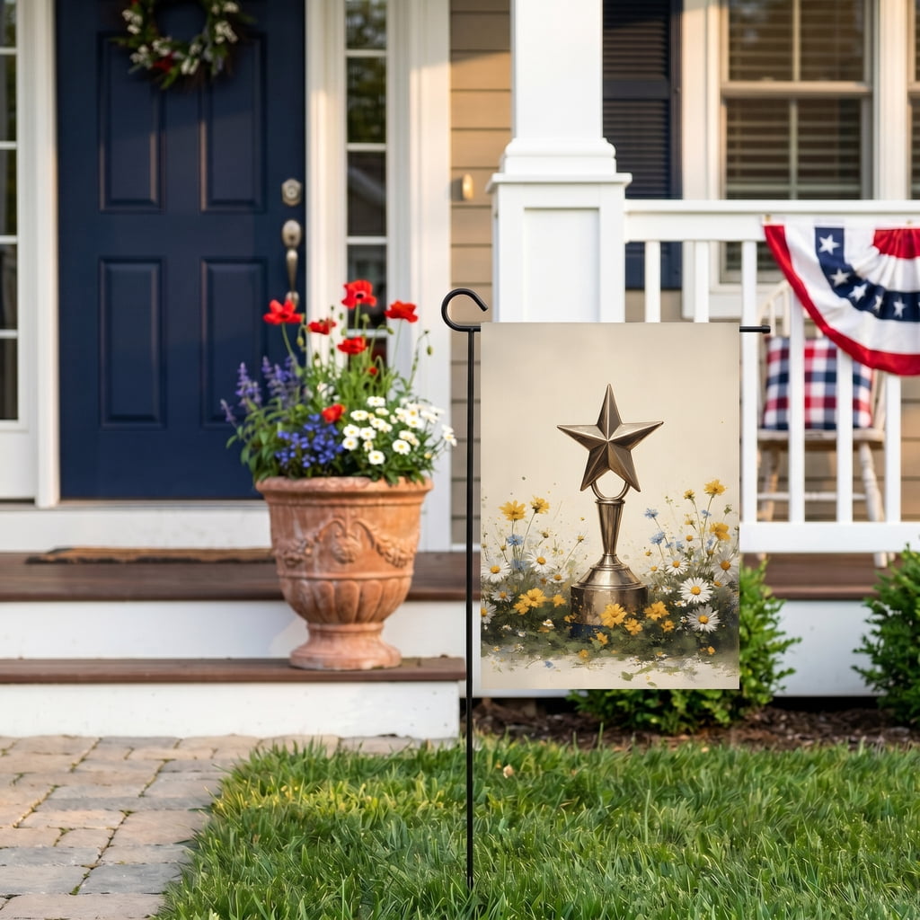 4th of july garden flag A gold star trophy surrounded by daisies in a field. - independence day flag Large 28x40 Inch Decor Size americana home decor