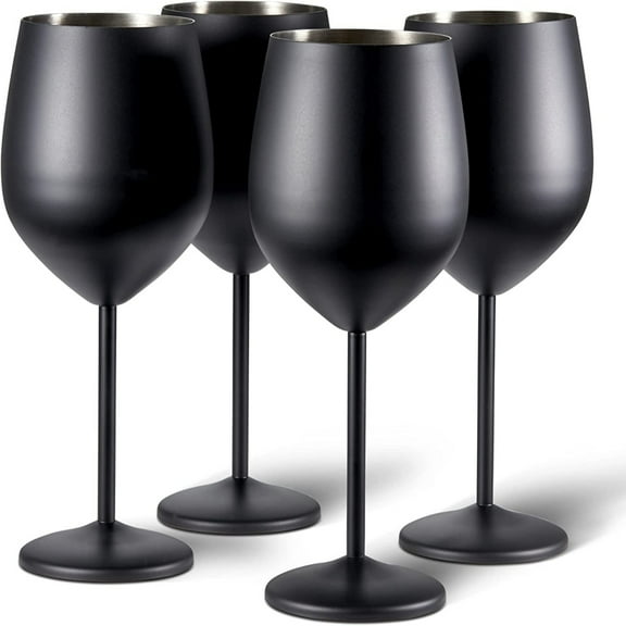 4 Black Wine Glasses, 540 ml - Matte Stainless Steel Shatterproof Glass & perfect for high ball cocktails, mixed drinks or wine Set with Gift Box