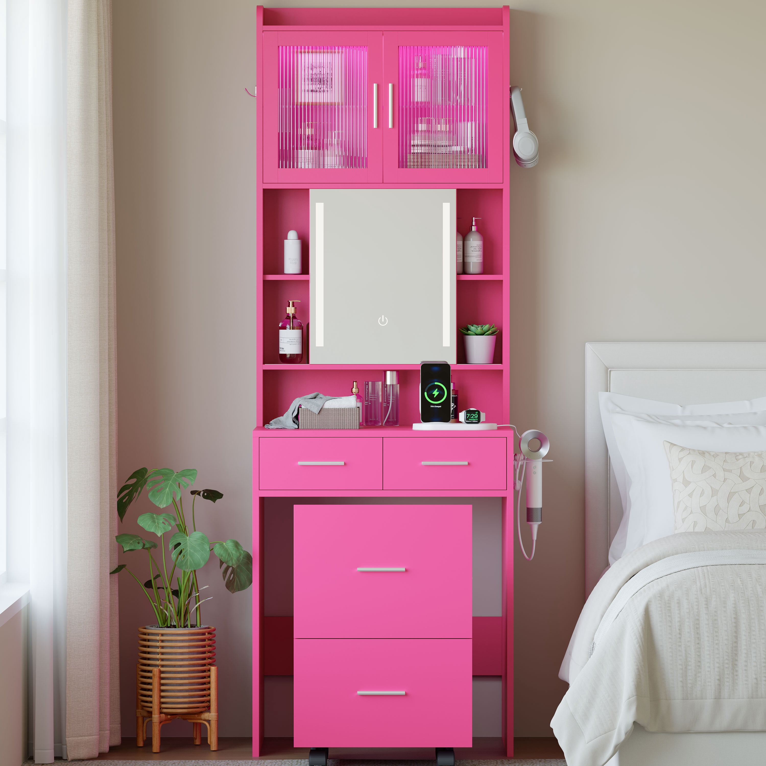 Ktaxon Makeup Vanity Table for Small Spaces, Vanity Table Set with Charging Station and Sliding Mirror, Bedroom Makeup Table, Hot Pink