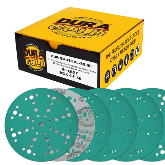 Dura-Gold Premium 80 Grit 6" Green Film Sanding Discs, 49-Hole Pattern, Box of 50 - Heavy-Duty Dustless Hook & Loop Backing Sandpaper for DA & Random Orbital Sanders, Sand Auto Paint, Wood Furniture