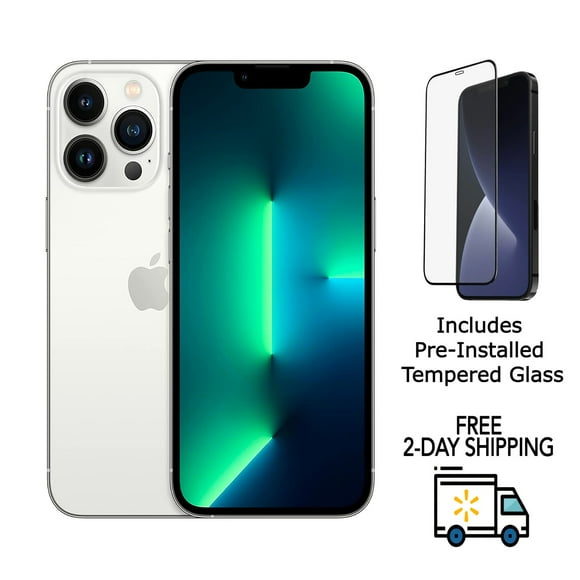 Refurbished Apple iPhone 13 Pro A2483 (Fully Unlocked) 128GB Silver (Grade A) w/ Pre-Installed Tempered Glass