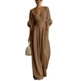 thumbnail image 2 of Women's Light Blue V-Neck Wide-Leg Jumpsuit, Batwing Sleeve Ruched Waist Maxi Jumpsuit Brown L, 2 of 3