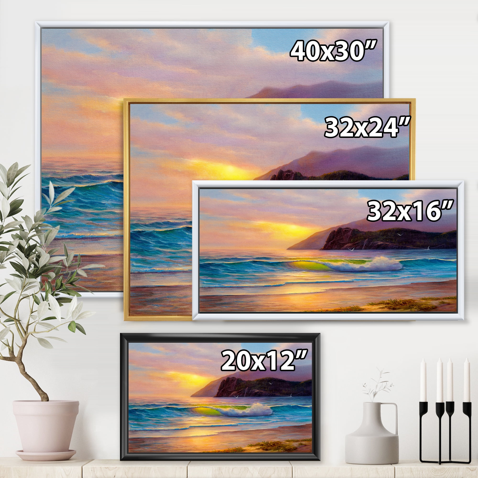 Designart 'Sunrise Glow On The Sea Waves V' Nautical & Coastal Framed Canvas Wall Art Print