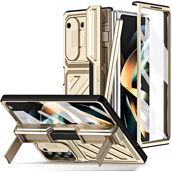 for Samsung Galaxy Z Fold 5 4 5G Case Built-in Screen Protector & Kickstand,Full Hinge & Camera Protection with S Pen & Holder,Heavy Duty Shockproof Fold5 Luxury Cases Cover (Gold,Z Fold 5)
