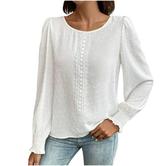 Timegard Womens Tops Ruffle Long Sleeve Round Neck Lace Blouse Work Dressy Casual Lightweight Tops Fall