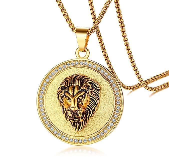 Jungle Lion Pendant Medallion Necklace 