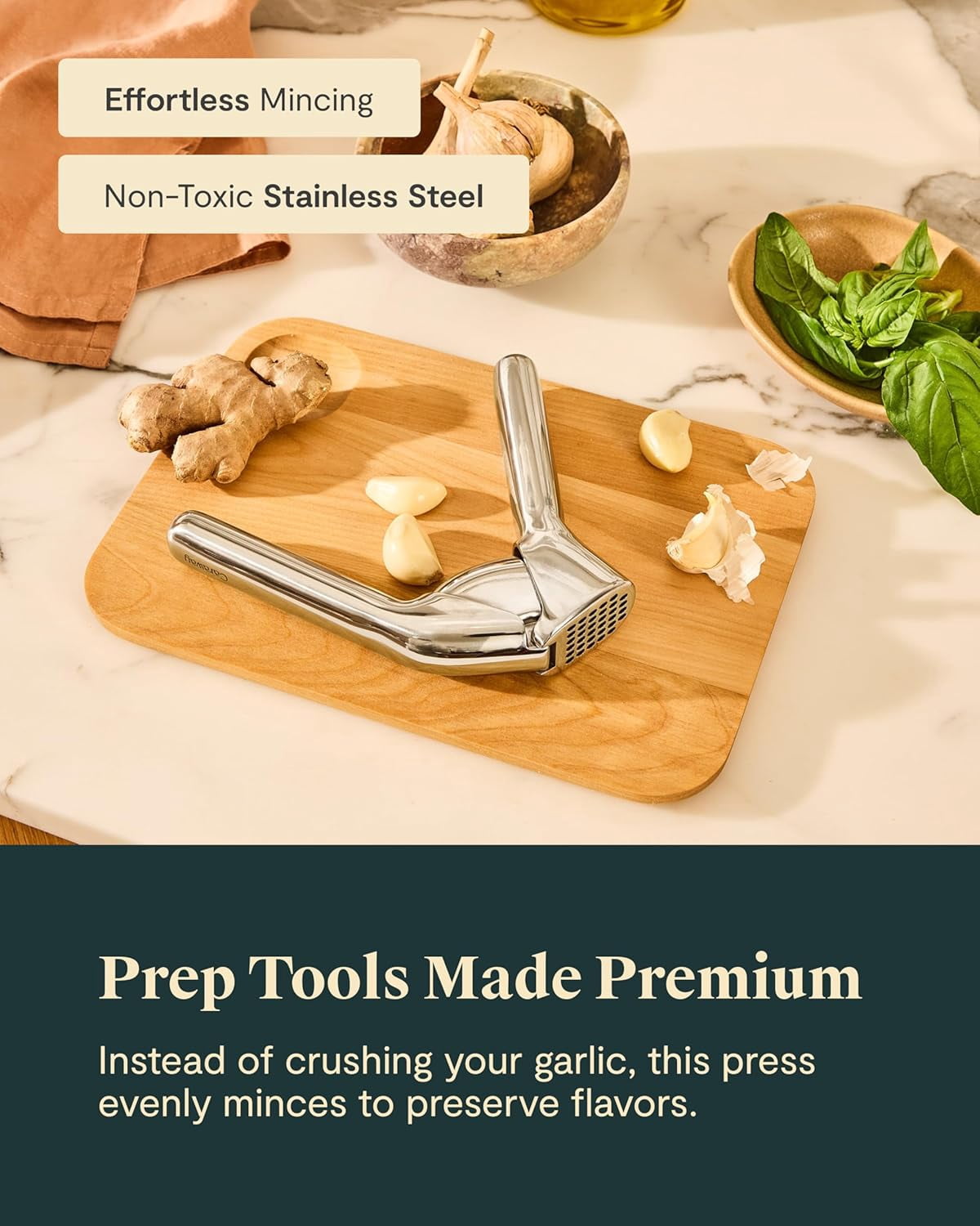 Caraway Garlic Press - Stainless Steel - Essential Kitchen Tool - Ergonomic Handle - Effortlessly Mince Whole Garlic - Easy Clean