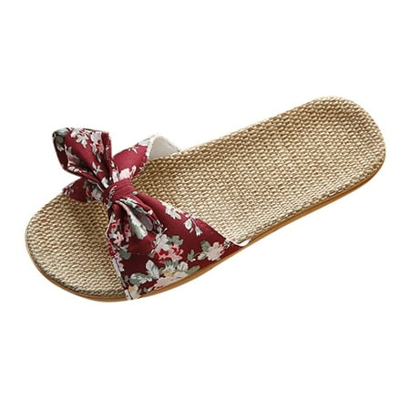 

Slippers for Women Women Female Bowknot Flax Linen Flip Flops Beach Shoes Sandals Slippers Womens Slippers Cotton Blend Red 37-38