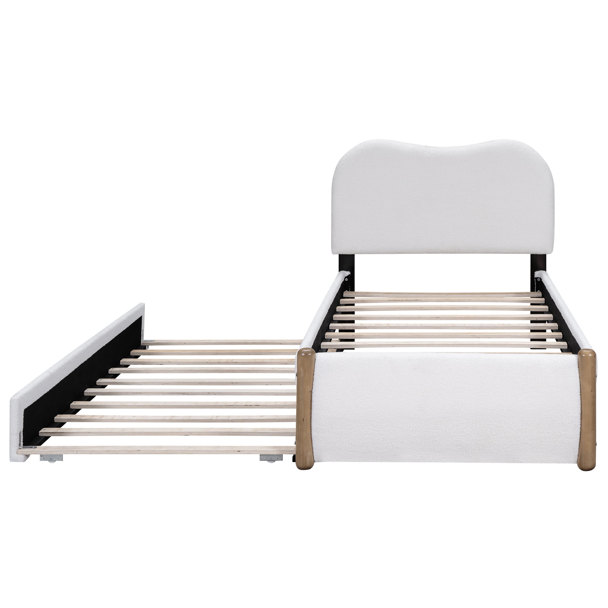 EUROCO Upholstery Twin Size Platform Bed with Trundle, Upholstered Headboard and Wood Support Legs for Kids Teens, White