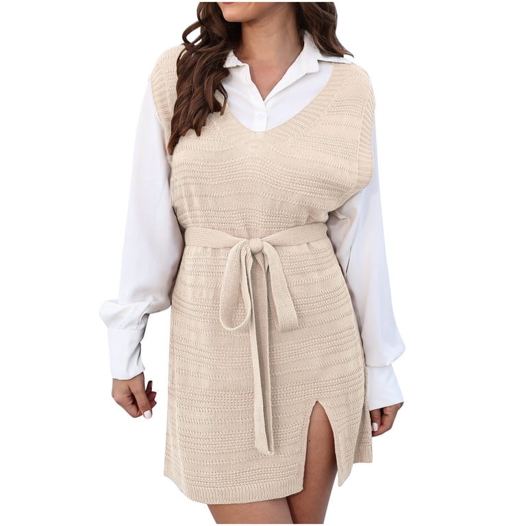 free knitted vest dress Vkoywkm Womens Sweater Oversized V Neck Sleeveless Pullover Sweater Dress Solid Ribbed Knit Vest Dress Loose Casual Tank Sweater Dress Lovelo